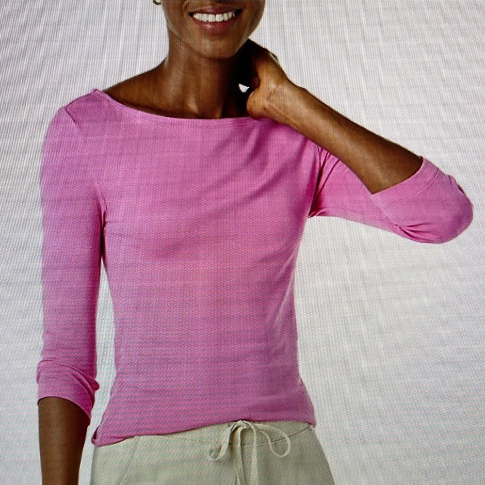 Amazon Essentials Slim-Fit 3/4 Sleeve Boat Neck T-Shirt in bright Pink, large